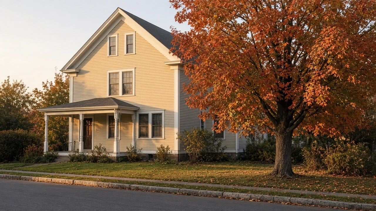 Late-1800s gable-front mill village house with painted clapboard and trim in Millis Center, MA in October