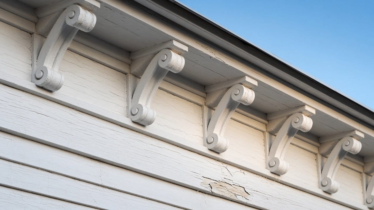 Paired Italianate cornice brackets and wide frieze board with layered old paint on a Millis, MA house