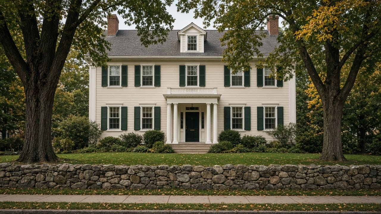 Pre-war Colonial Revival home with painted clapboard and white trim on a tree-lined Wellesley, MA street
