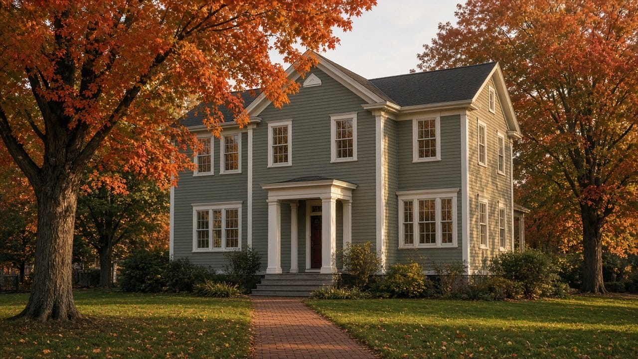 Pre-war clapboard colonial in Wellesley, MA with crisp white trim and turning maples in October
