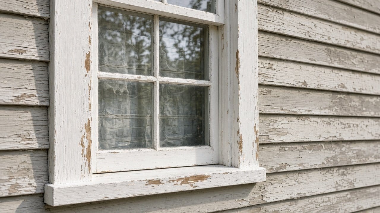 Peeling paint on wood window trim and clapboard of an older Wellesley, MA home before prep