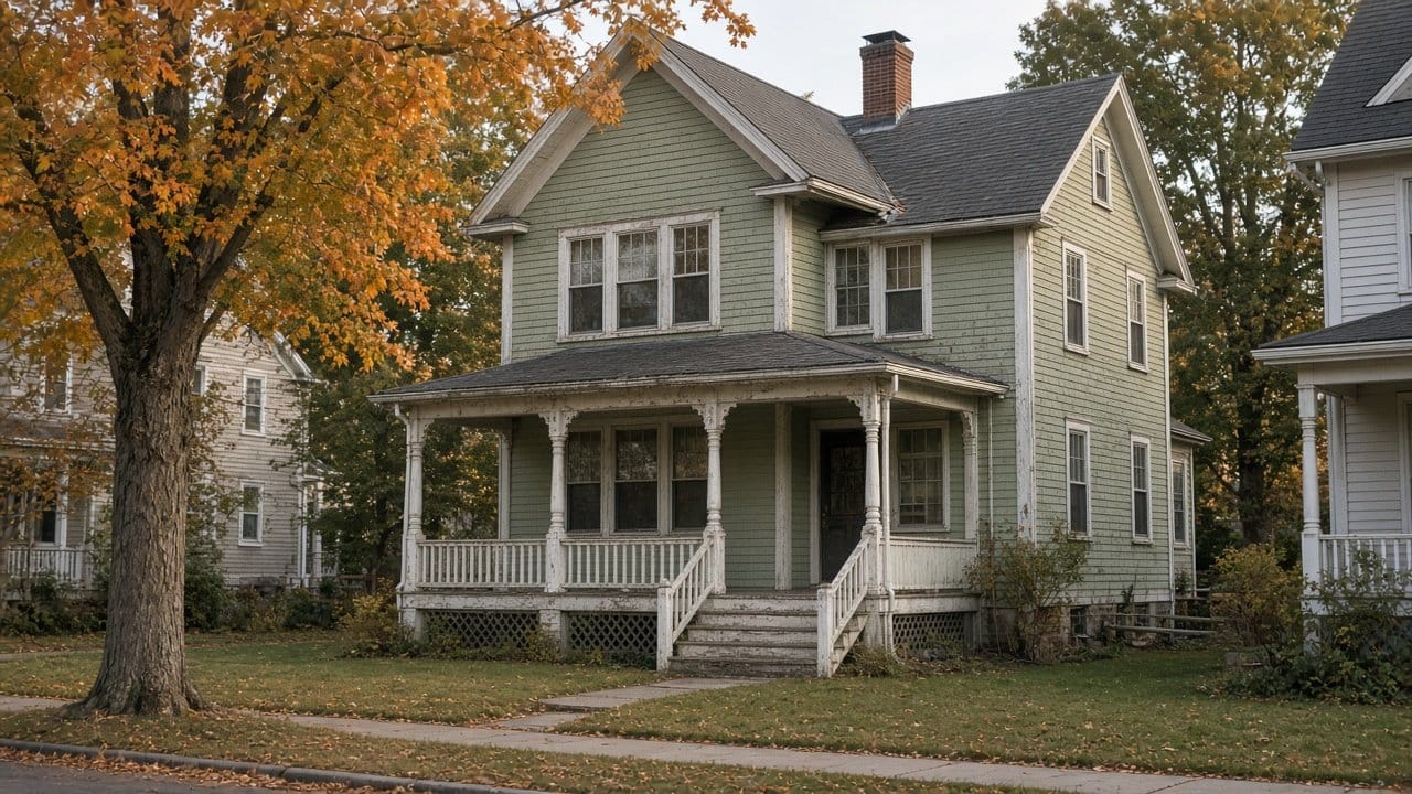 Pre-1940 clapboard house with wood trim on an older Milford, MA street in early fall