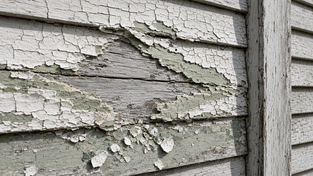 Scraped wood clapboard showing many old paint layers on a pre-1940 home in Milford, MA