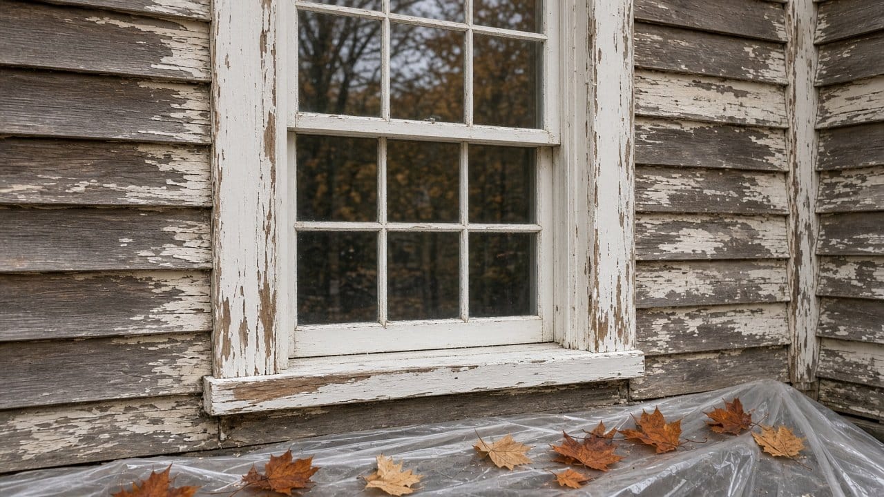 Peeling paint on an old window sill and casing of a pre-war house in Milford, MA