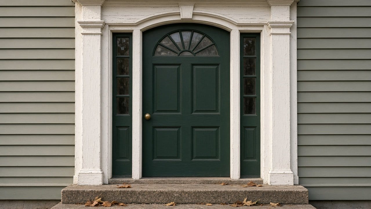 Federal style doorway with fanlight and painted wood surround on an older Medway, MA house