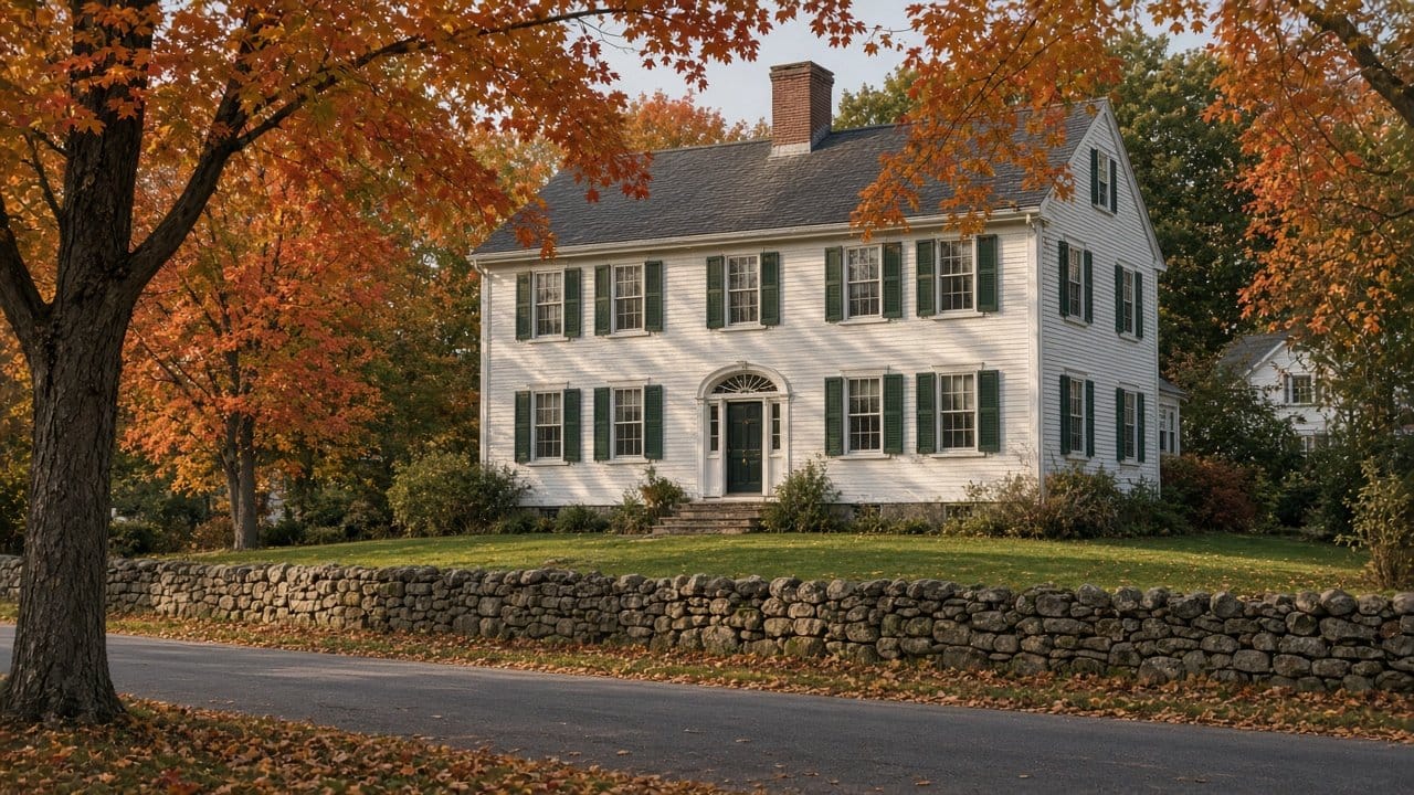 Antique Federal style clapboard house on a village main road in Medway, MA in October light