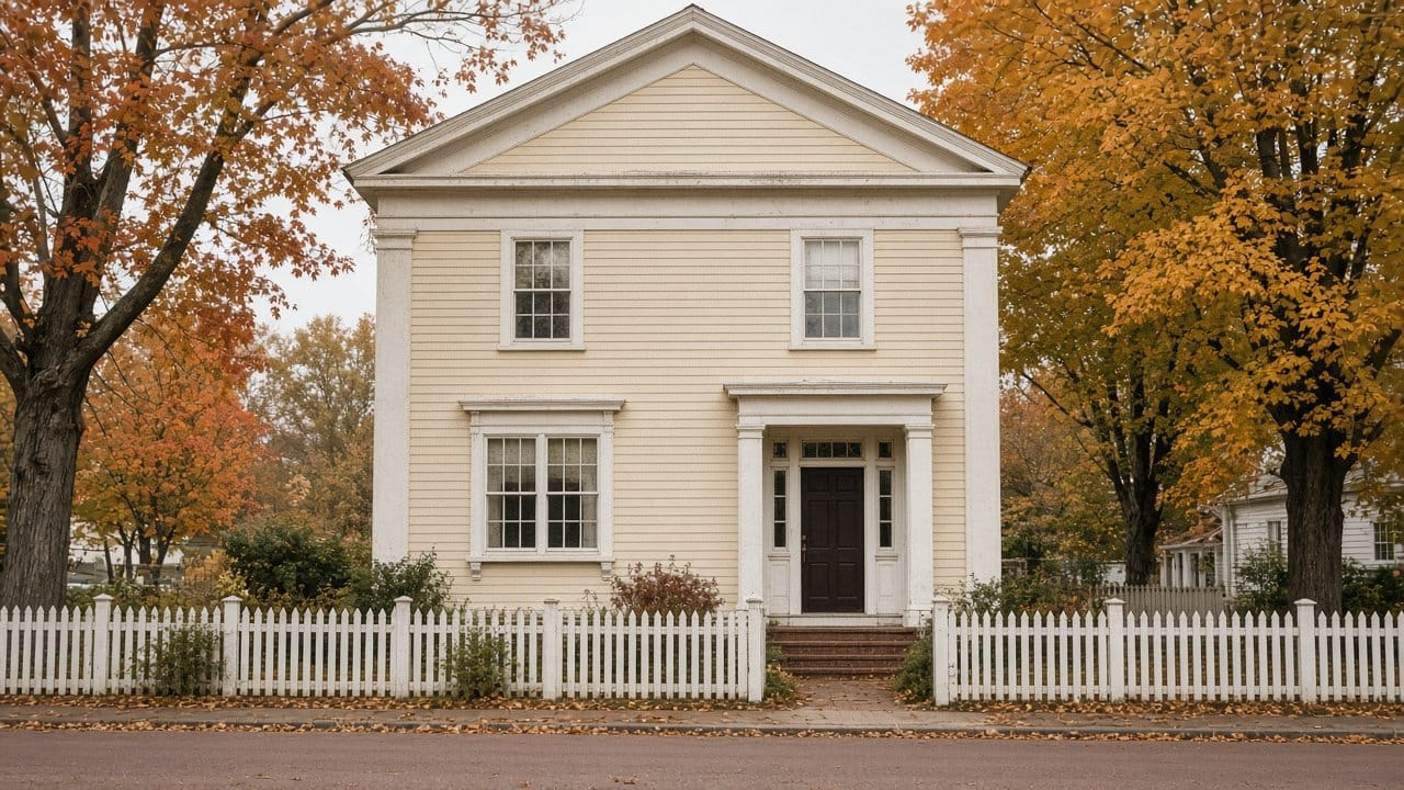 Greek Revival clapboard house with painted pilasters on a village main road in Medway, MA