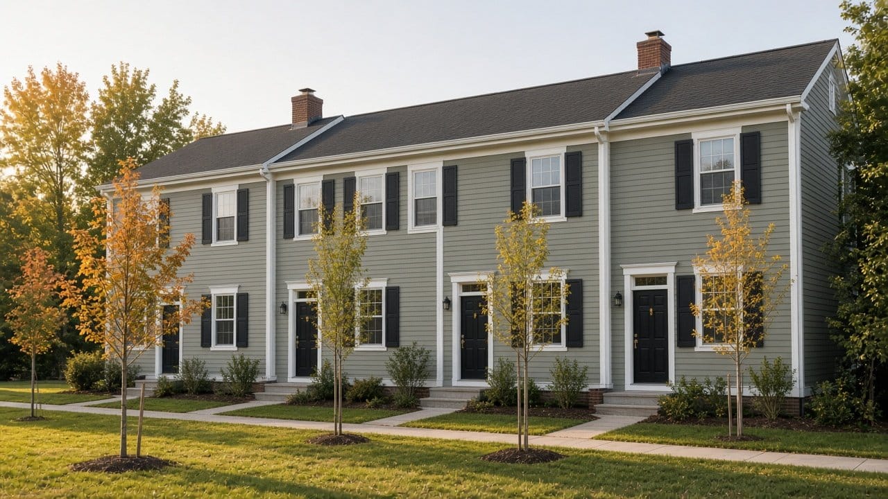 Attached townhouses with painted clapboard and white trim in Ashland, MA on an autumn morning