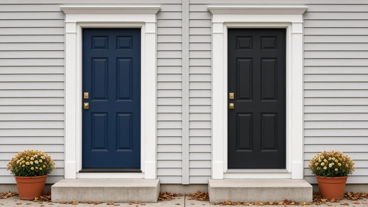 Two painted front doors side by side on an attached townhouse in Ashland, Massachusetts