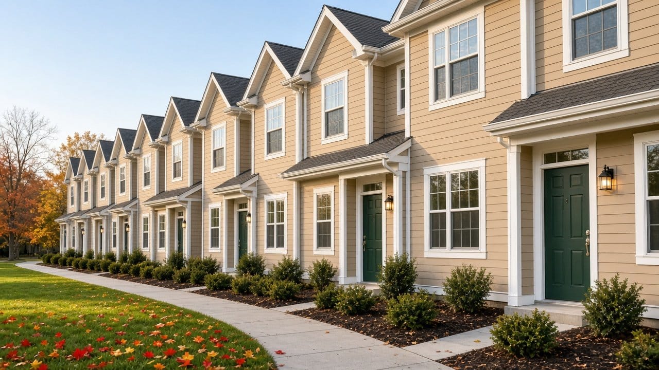 Row of attached townhouses with matching painted trim in Ashland, MA on a clear fall morning