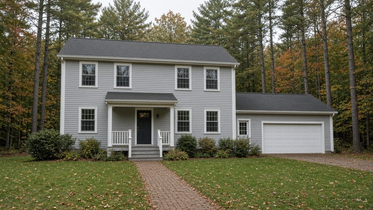 1980s two-story colonial with painted trim and a front porch on a wooded Norfolk, MA lot in autumn