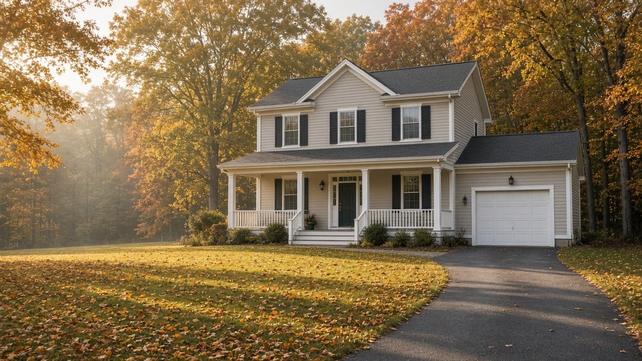Newer two-story colonial on a wooded lot in Norfolk, MA on an autumn morning, painted trim and front porch