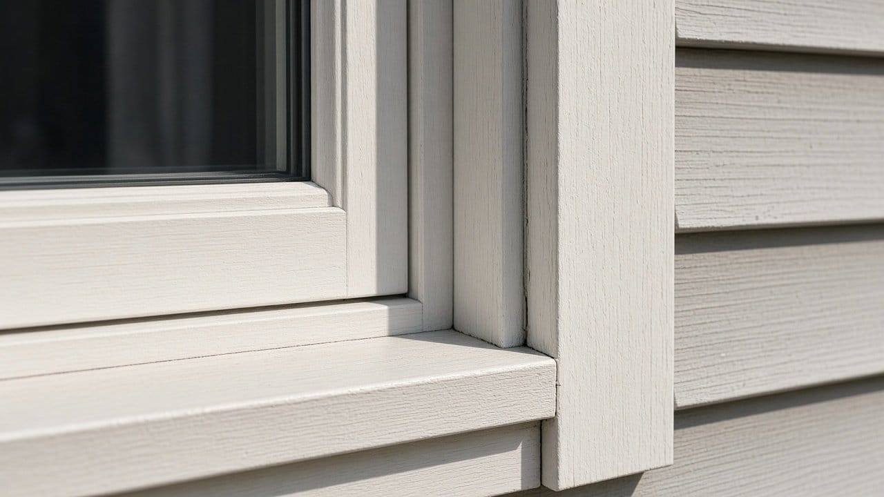 Sun-faded painted window trim on the south side of a newer Norfolk, MA home
