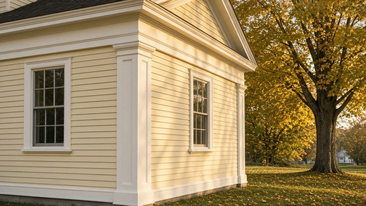 Painted Greek Revival cornice, frieze and corner boards on an older clapboard house in Franklin, MA