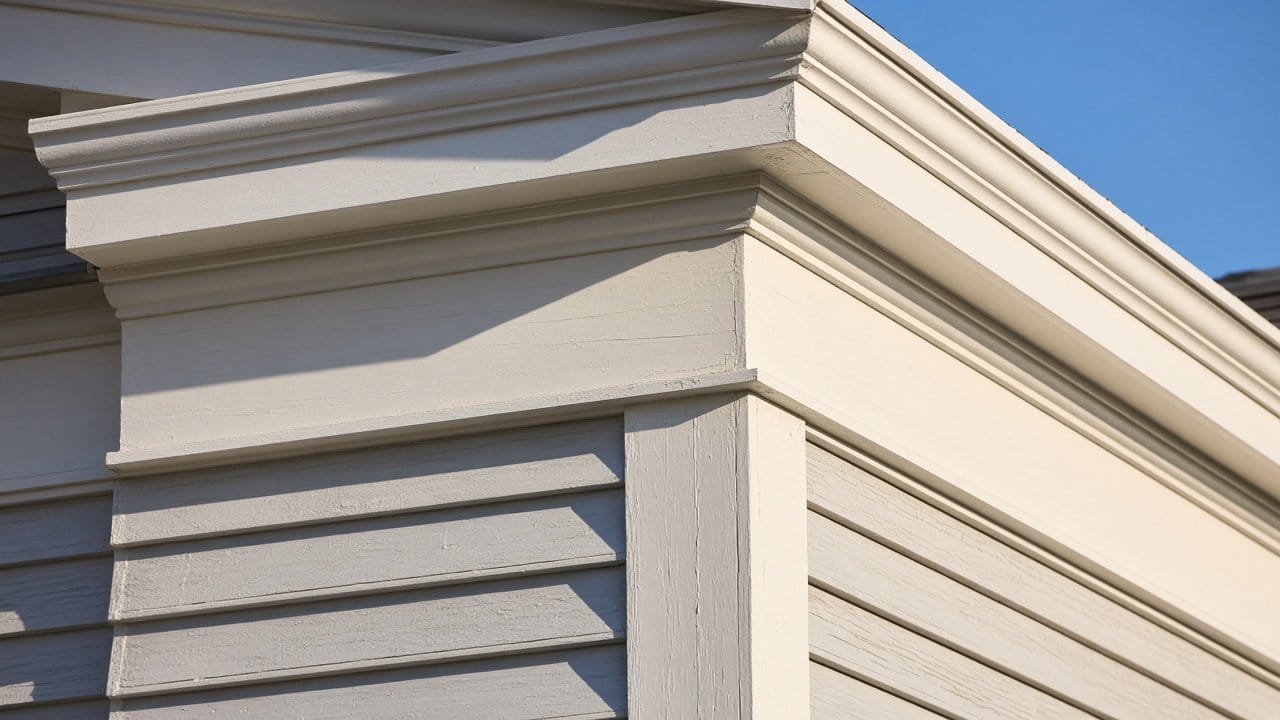 Greek Revival frieze, cornice and wide corner board on a painted clapboard house in Franklin, MA