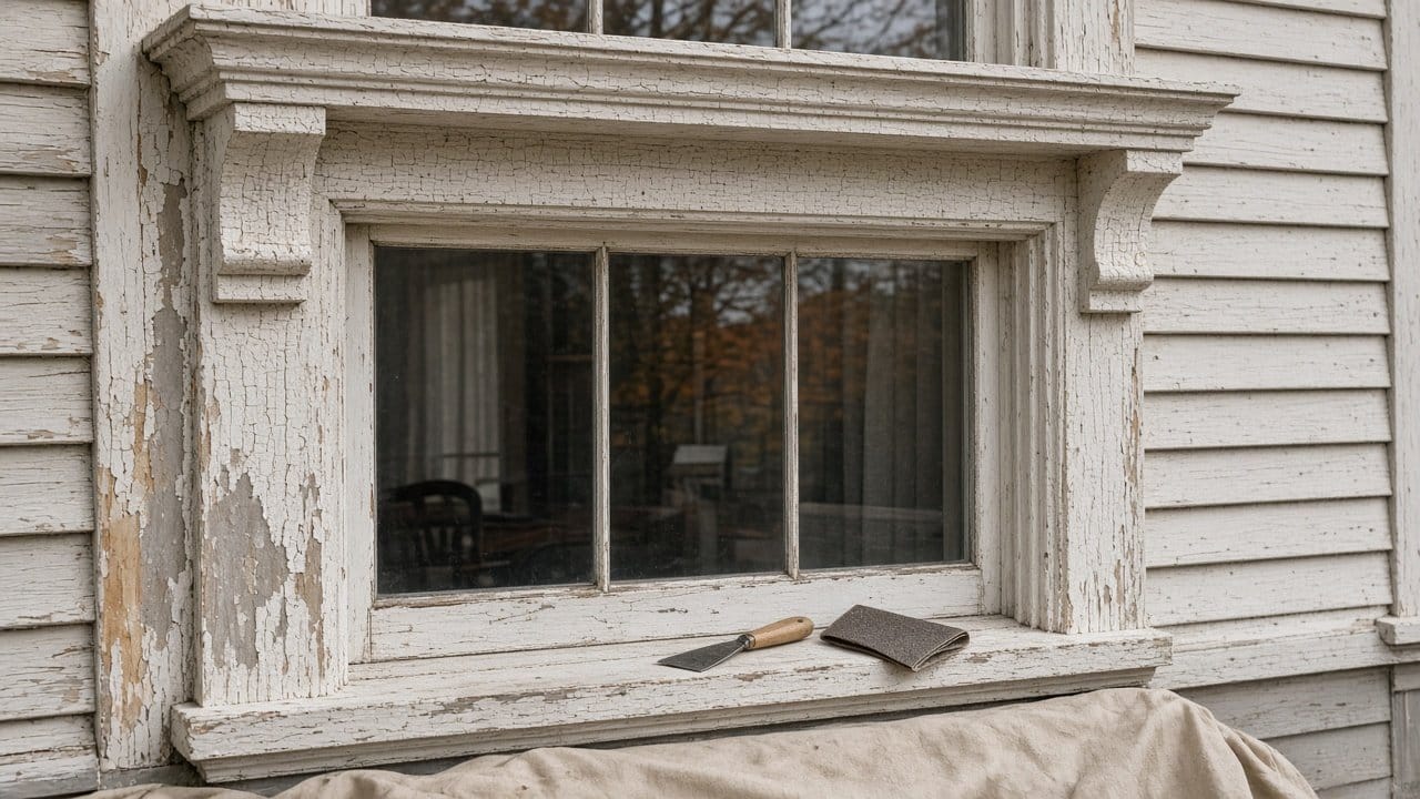Molded wood window casing and bracketed window head partly scraped for repainting in Franklin, MA