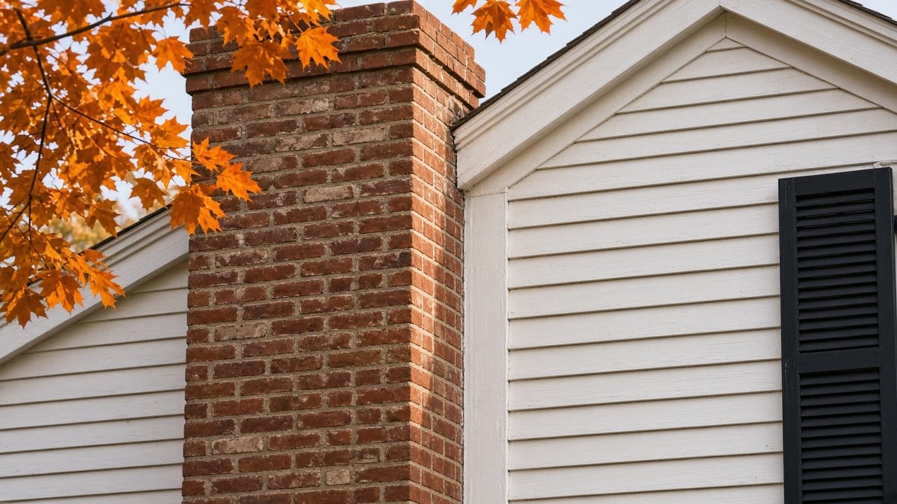 Unpainted brick chimney on a white clapboard colonial in Sherborn MA historic district, autumn light