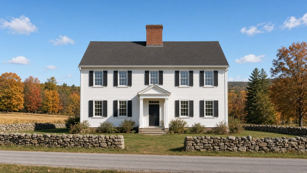 Brick chimney and white clapboard colonial in the Sherborn MA historic district on a clear autumn day