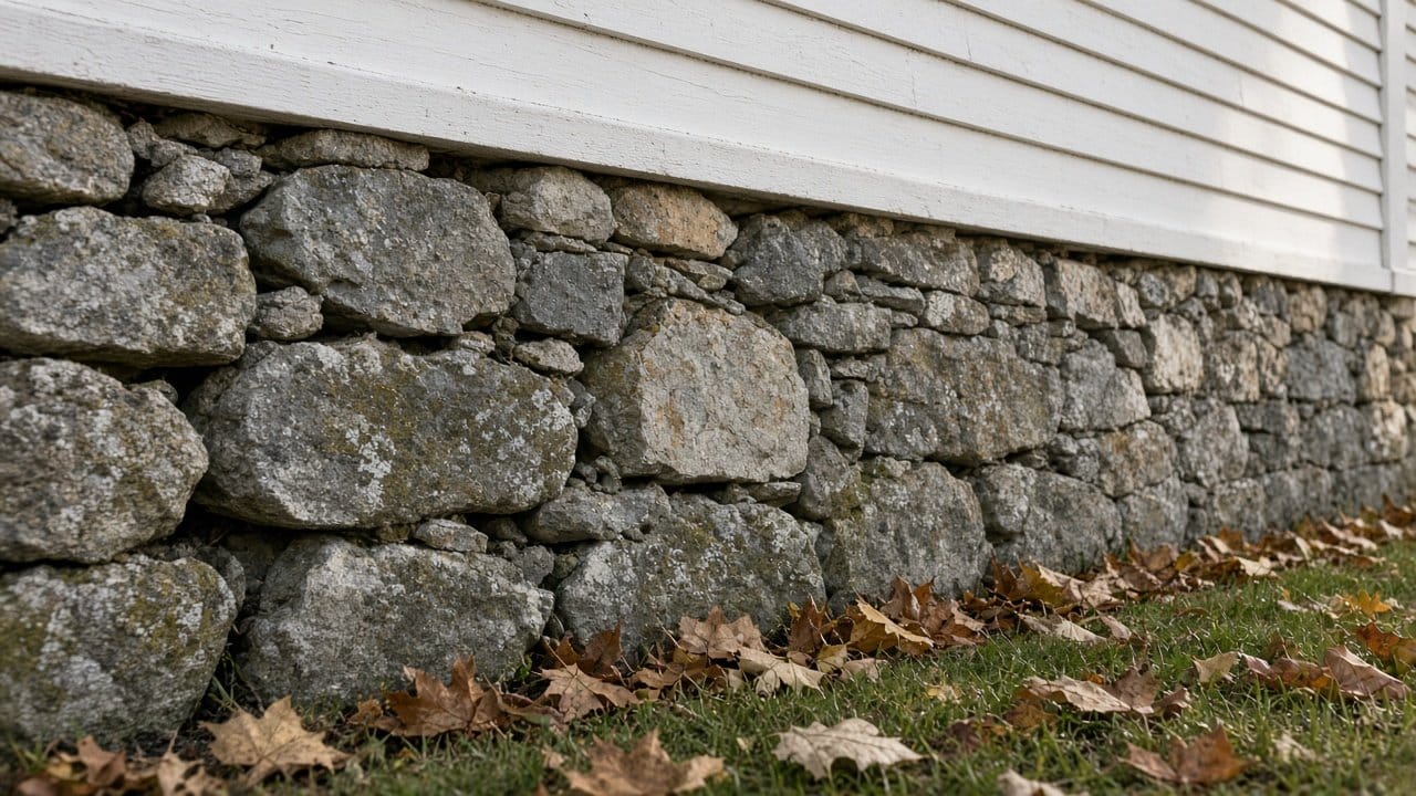 Weathered fieldstone foundation below painted clapboard on a historic Sherborn MA farmhouse