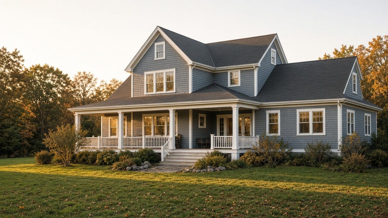 Muted blue-gray shingle style New England home with white trim and clean landscaping in late afternoon sun
