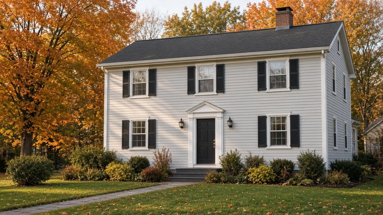 Warm white New England colonial with white trim and black shutters, October light, resale curb appeal