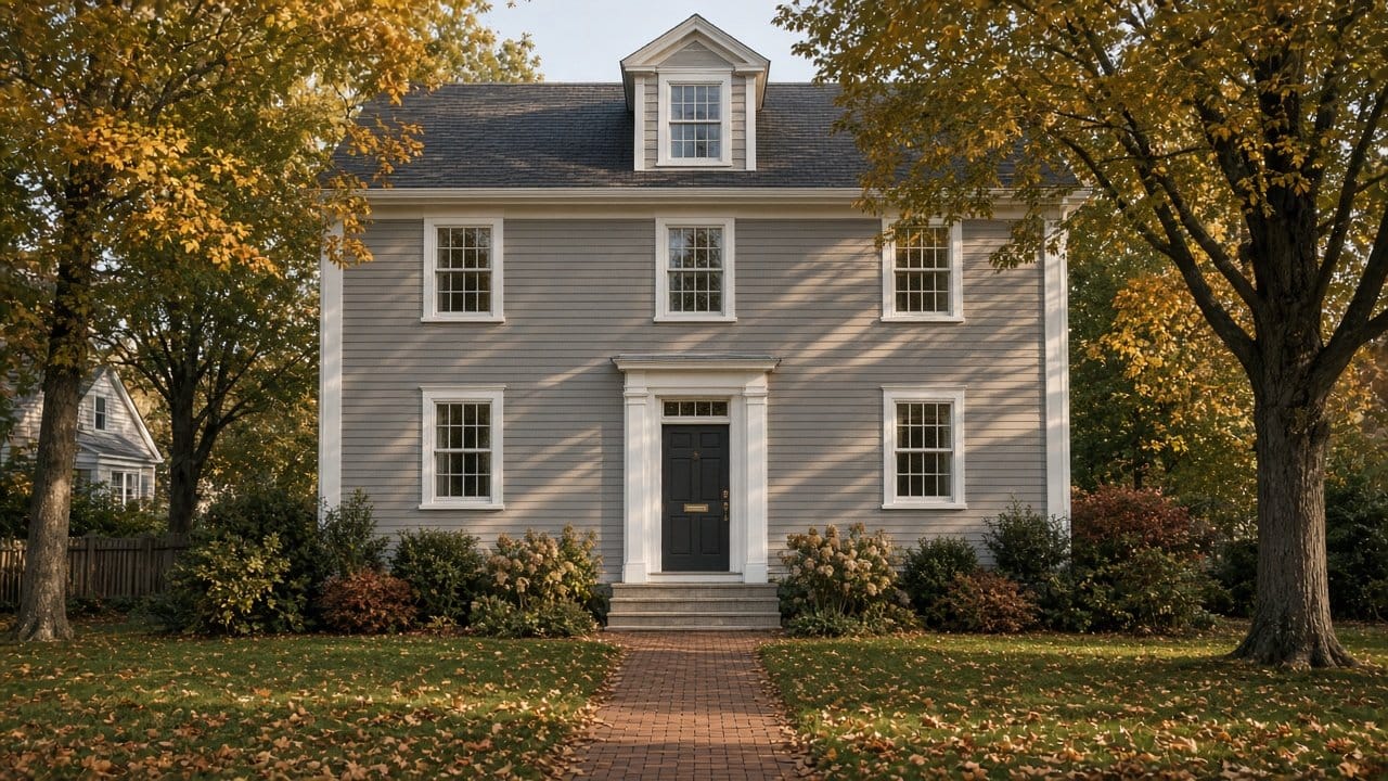 Soft gray painted colonial with white trim in a MetroWest Boston neighborhood, mature maples