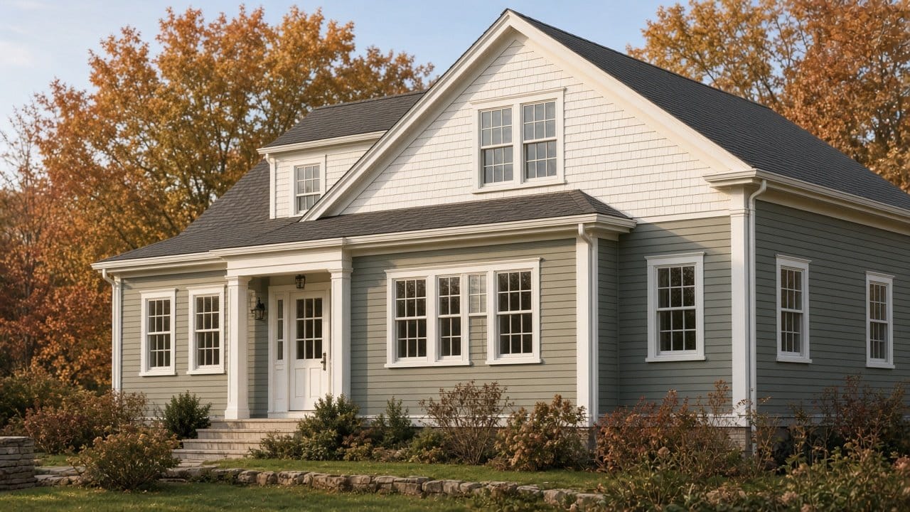 New England colonial with a lighter shingled gable above a muted gray-green clapboard body