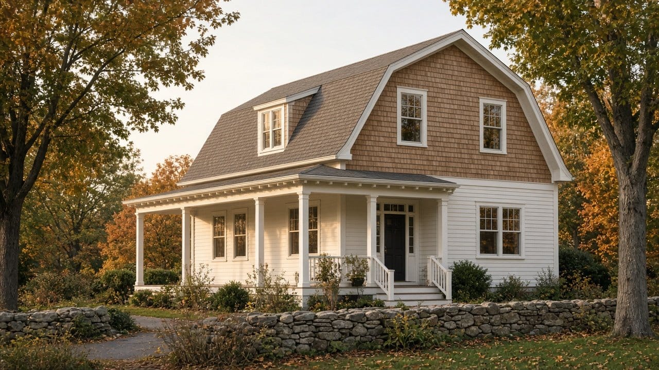 New England gambrel with warm white clapboard below and natural cedar shingles on the upper slope