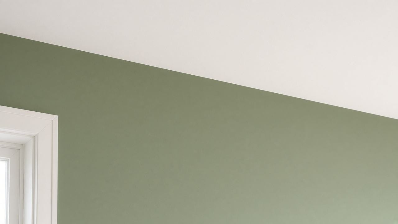 Crisp cut-in line where a white ceiling meets a sage green wall in a Holliston, MA living room
