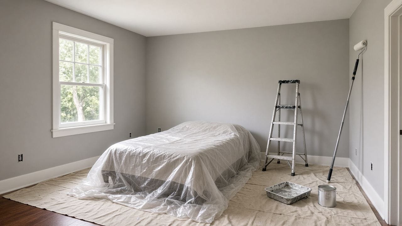 Bedroom mid repaint with drop cloths, a stepladder and a freshly painted ceiling in a MetroWest, MA home