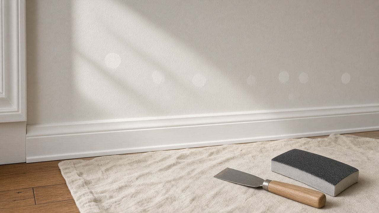 Sanded spackle patches and fresh caulk at the baseboard of a bedroom wall in a MetroWest, MA home