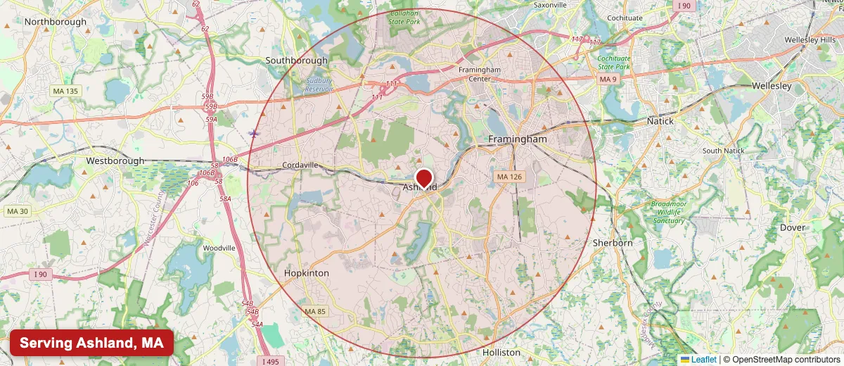 Map of Paint Pro New England's deck staining service area covering Ashland, MA (01721) in Middlesex County, including the neighboring communities of Framingham, Hopkinton, Holliston.