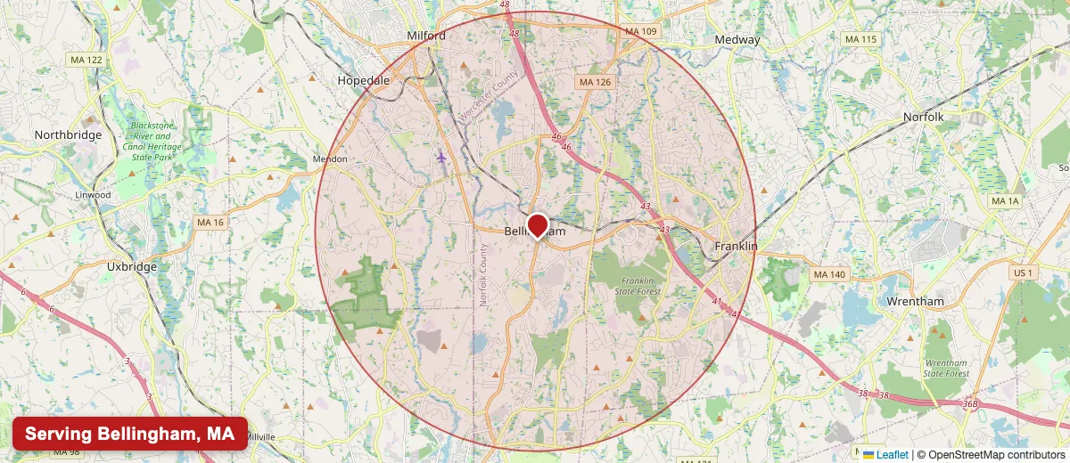 Map of Paint Pro New England's deck staining service area covering Bellingham, MA (02019) in Norfolk County, including the neighboring communities of Franklin, Medway, Milford.