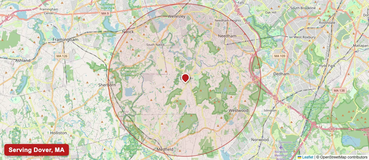 Map of Paint Pro New England's deck staining service area covering Dover, MA (02030) in Norfolk County, including the neighboring communities of Wellesley, Natick, Sherborn.