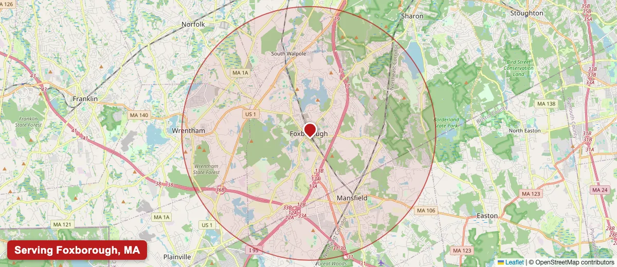 Map of Paint Pro New England's deck staining service area covering Foxborough, MA (02035) in Norfolk County, including the neighboring communities of Walpole, Sharon, Mansfield.