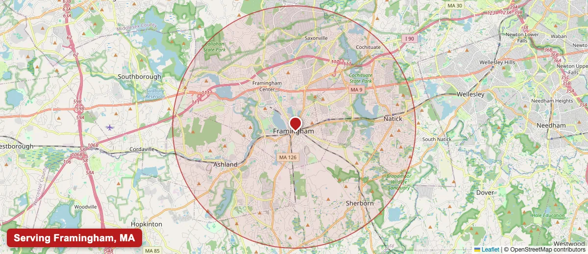 Map of Paint Pro New England's wallpaper removal service area covering Framingham, MA (01701, 01702, 01703, 01704, 01705) in Middlesex County, including the neighboring communities of Natick, Ashland, Sherborn.