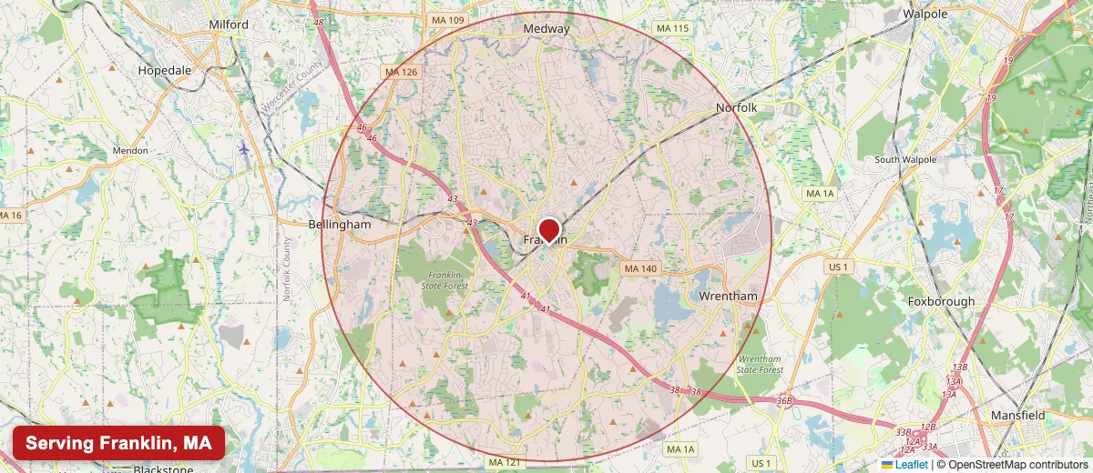 Map of Paint Pro New England's popcorn ceiling removal service area covering Franklin, MA (02038) in Norfolk County, including the neighboring communities of Medway, Bellingham, Norfolk.