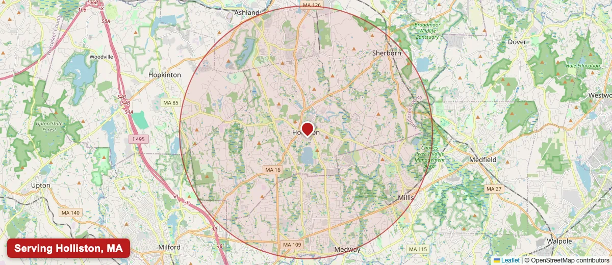 Map of Paint Pro New England's deck staining service area covering Holliston, MA (01746) in Middlesex County, including the neighboring communities of Medway, Milford, Hopkinton.