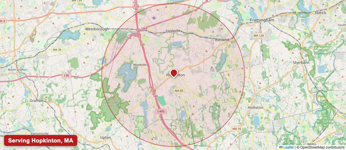 Map of Paint Pro New England's deck staining service area covering Hopkinton, MA (01748) in Middlesex County, including the neighboring communities of Ashland, Holliston, Upton.