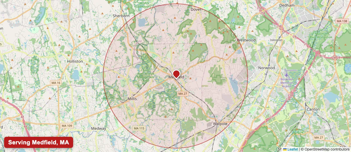 Map of Paint Pro New England's deck staining service area covering Medfield, MA (02052) in Norfolk County, including the neighboring communities of Dover, Millis, Walpole.