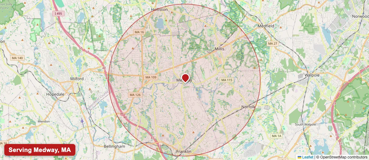 Map of Paint Pro New England's deck staining service area covering Medway, MA (02053) in Norfolk County, including the neighboring communities of Holliston, Millis, Franklin.