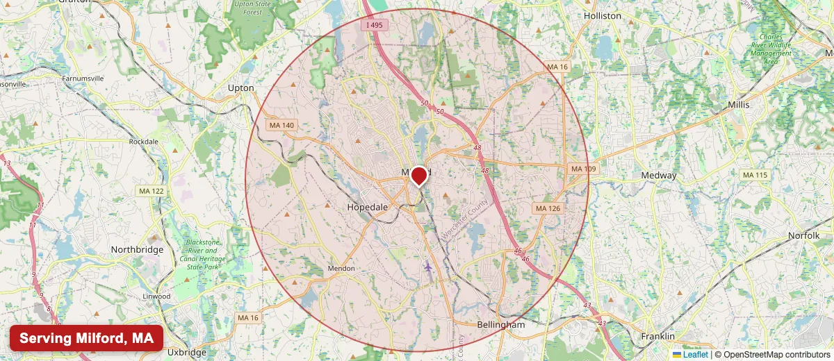 Map of Paint Pro New England's deck staining service area covering Milford, MA (01757) in Worcester County, including the neighboring communities of Hopkinton, Holliston, Medway.