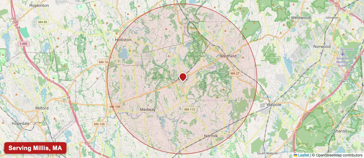 Map of Paint Pro New England's deck staining service area covering Millis, MA (02054) in Norfolk County, including the neighboring communities of Medway, Medfield, Sherborn.