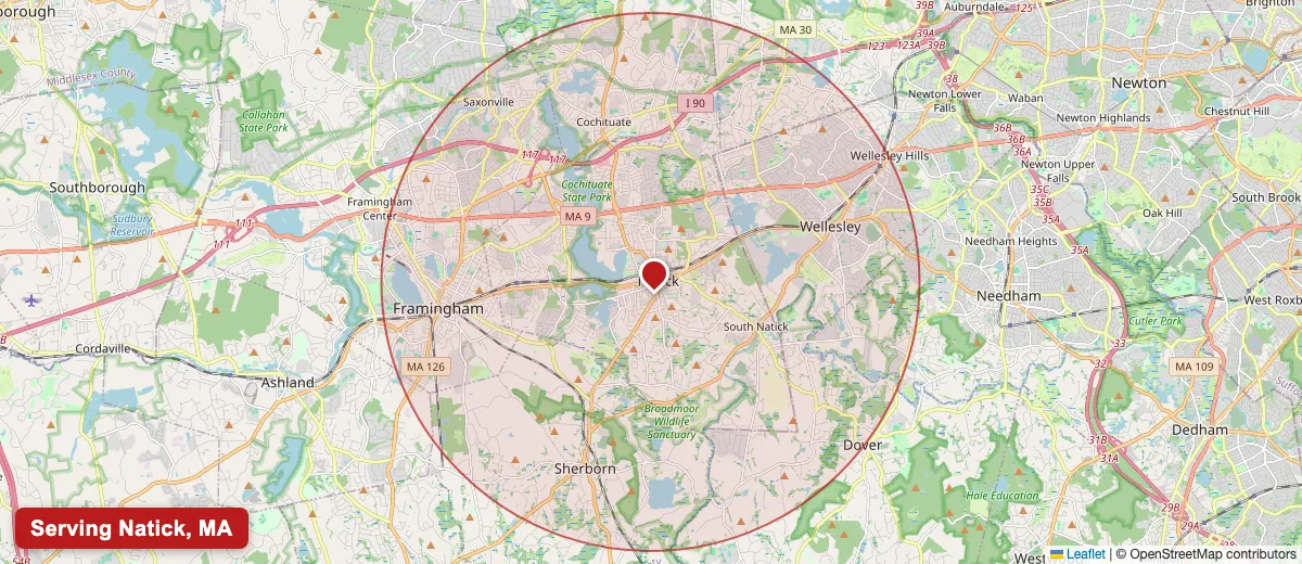 Map of Paint Pro New England's deck staining service area covering Natick, MA (01760, 01761) in Middlesex County, including the neighboring communities of Framingham, Wellesley, Sherborn.