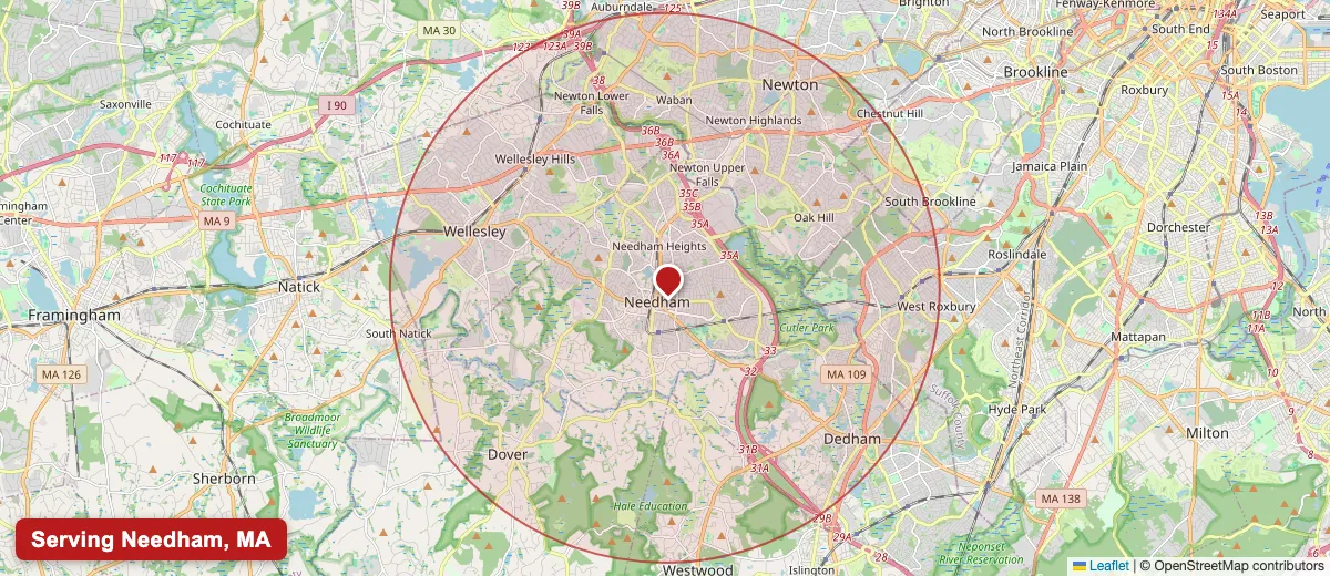 Map of Paint Pro New England's deck staining service area covering Needham, MA (02492, 02494) in Norfolk County, including the neighboring communities of Wellesley, Dover, Dedham.