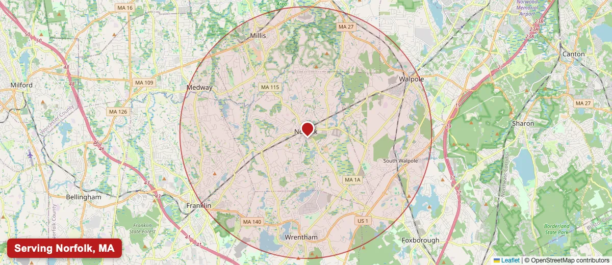Map of Paint Pro New England's deck staining service area covering Norfolk, MA (02056) in Norfolk County, including the neighboring communities of Medfield, Millis, Walpole.