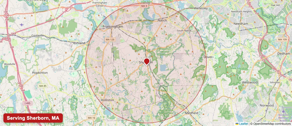 Map of Paint Pro New England's deck staining service area covering Sherborn, MA (01770) in Middlesex County, including the neighboring communities of Natick, Dover, Holliston.