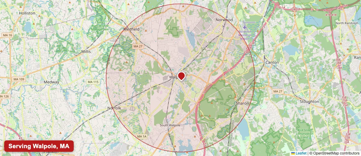 Map of Paint Pro New England's deck staining service area covering Walpole, MA (02081) in Norfolk County, including the neighboring communities of Medfield, Norfolk, Sharon.