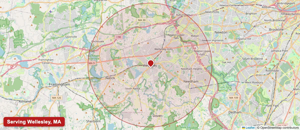 Map of Paint Pro New England's deck staining service area covering Wellesley, MA (02481, 02482) in Norfolk County, including the neighboring communities of Natick, Needham, Newton.